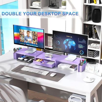 gianotter Dual Monitor Stand Riser, Desk Organizer With Drawer and 2 Pen Holders,Computer Monitor Stand, Desk Shelf for Top of Desk, Wood