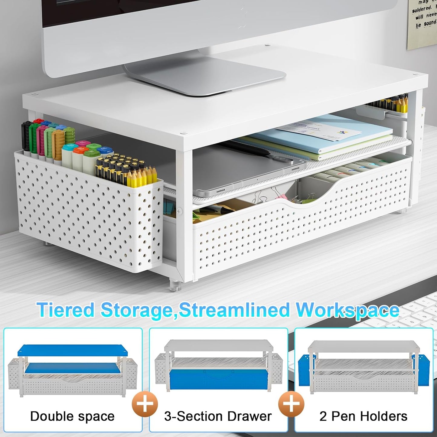 gianotter Monitor Stand Riser, Office Desk Shelf Organizer, Desk Organizer with Drawer and Pen Holder, 2-Tier Computer Stand, Office Organization (Ink)