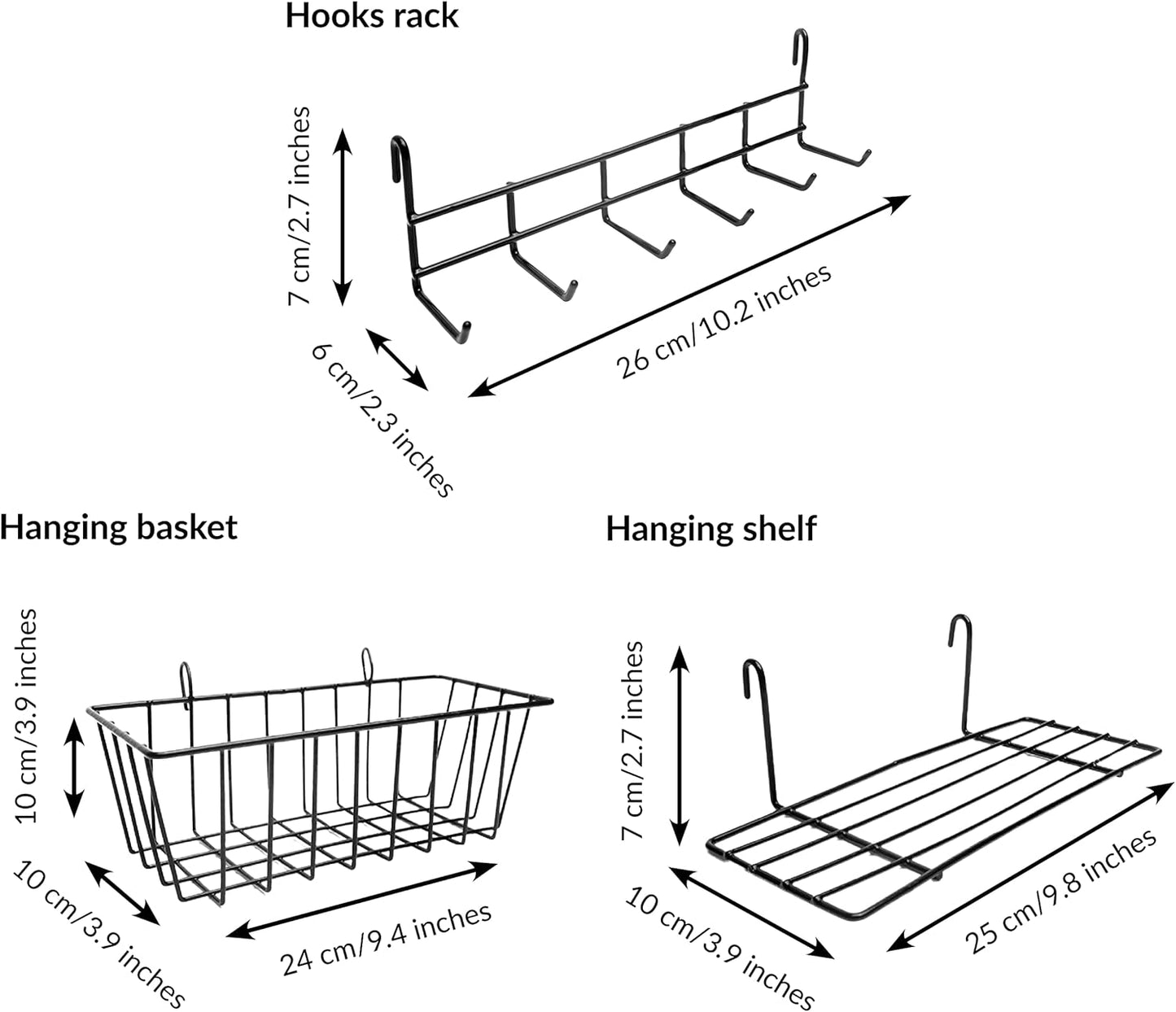 2 Pack Wire Wall Grid Panel With Accessories | Includes Hanging Basket, Shelf & Hook Rack | Photo Grid Wall Panels | Hanging Home, Office & Kitchen Décor | Metal & Black