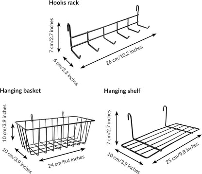 2 Pack Wire Wall Grid Panel With Accessories | Includes Hanging Basket, Shelf & Hook Rack | Photo Grid Wall Panels | Hanging Home, Office & Kitchen Décor | Metal & Black