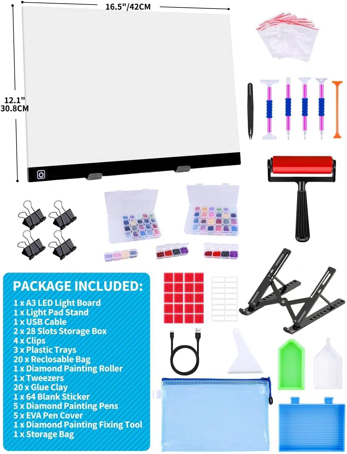 A3 LED Light Pad for Diamond Painting,Ratukall Diamond Art Light Board Kit,Adjustable Brightness Light Box for Tracing with Diamond Painting Accessories and Tools Includes Storage Case, Pens,Stand