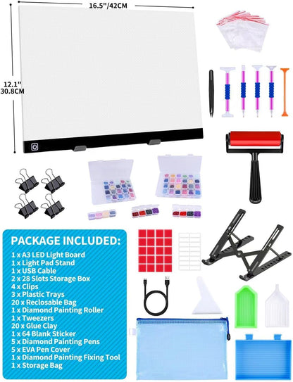 A3 LED Light Pad for Diamond Painting,Ratukall Diamond Art Light Board Kit,Adjustable Brightness Light Box for Tracing with Diamond Painting Accessories and Tools Includes Storage Case, Pens,Stand