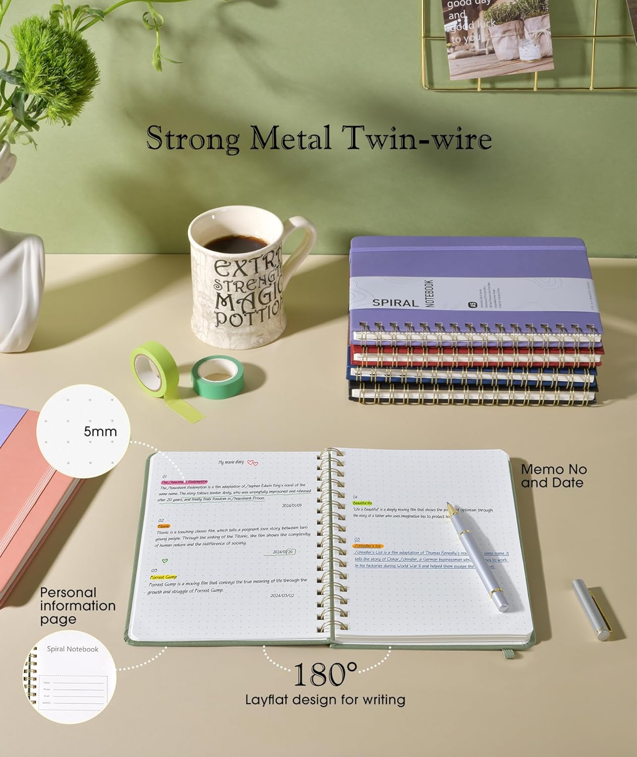 Graph Spiral Journal Notebook, A5 Hardcover Spiral Journals for Women Men, 100 GSM Graph Paper Notebooks, 150 Pages Spiral Bound Grid Notebook for Writing Note Taking Work 5.75" x 8.38" Olive Green
