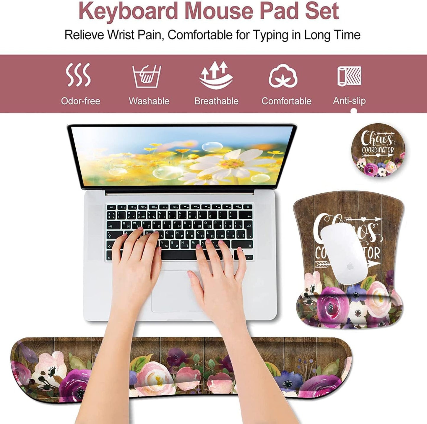 Mouse Pad with Wrist Support, Ergonomic Gel Mouse Pad Beautiful Flowers,Non-Slip Durable, Memory Foam Keyboard Wrist Rest, Suitable for Office Typing Games, Pink Hyacinths on Wood Panel