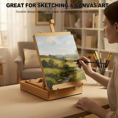 Beechwood Tabletop Easel for Painting, Portable Adjustable Sketchbox Art Easel Stand with Detachable Shoulder Strap for Beginners and Art Lovers