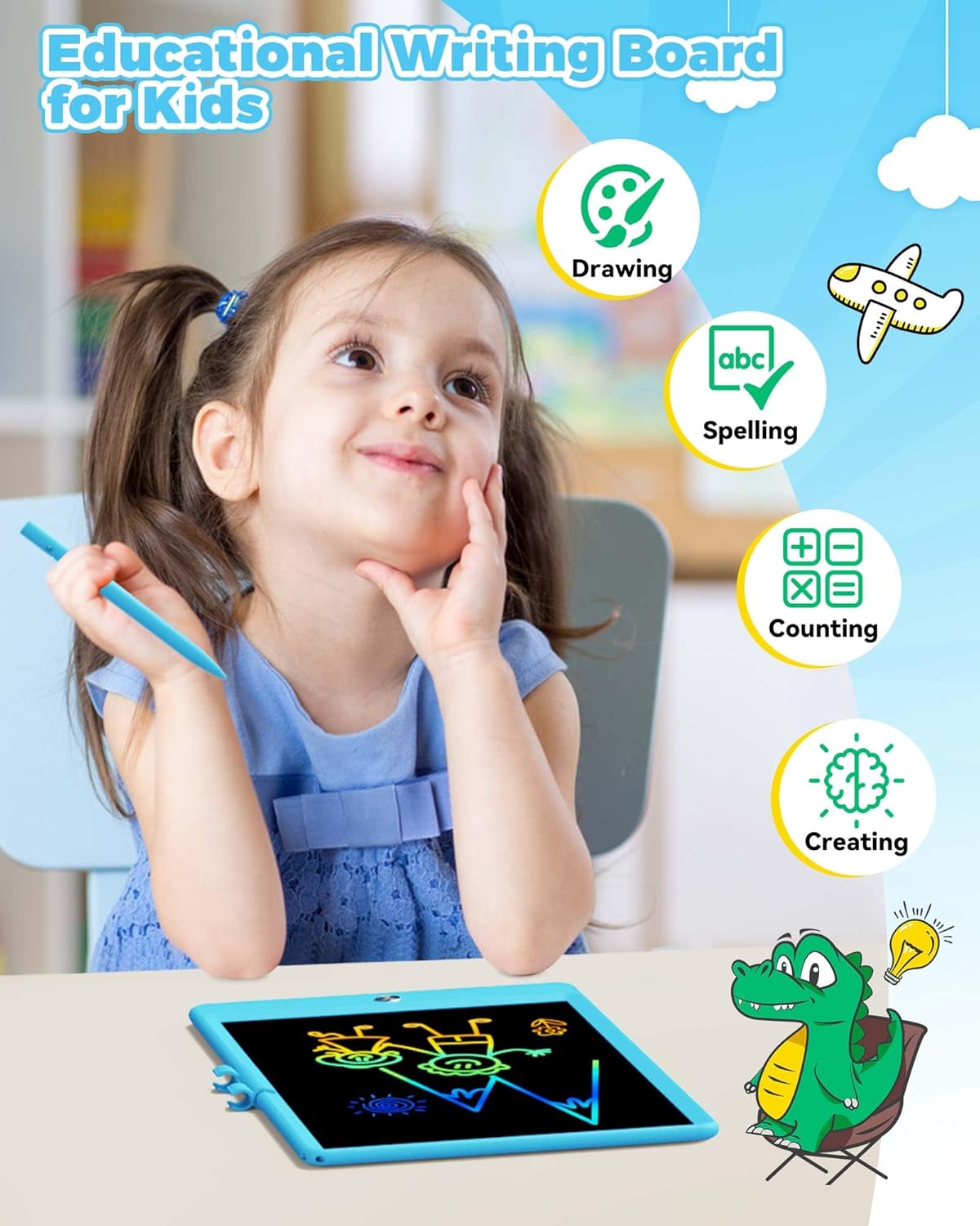 KOKODI 12 Inch LCD Writing Tablet with Anti-Lost Stylus, Erasable Doodle Board Colorful Toddler Drawing Pad, Car Travel School Games Toys for 3 4 5 6 7 8 Kids, Birthday Gift for Girls Boys Adults Blue