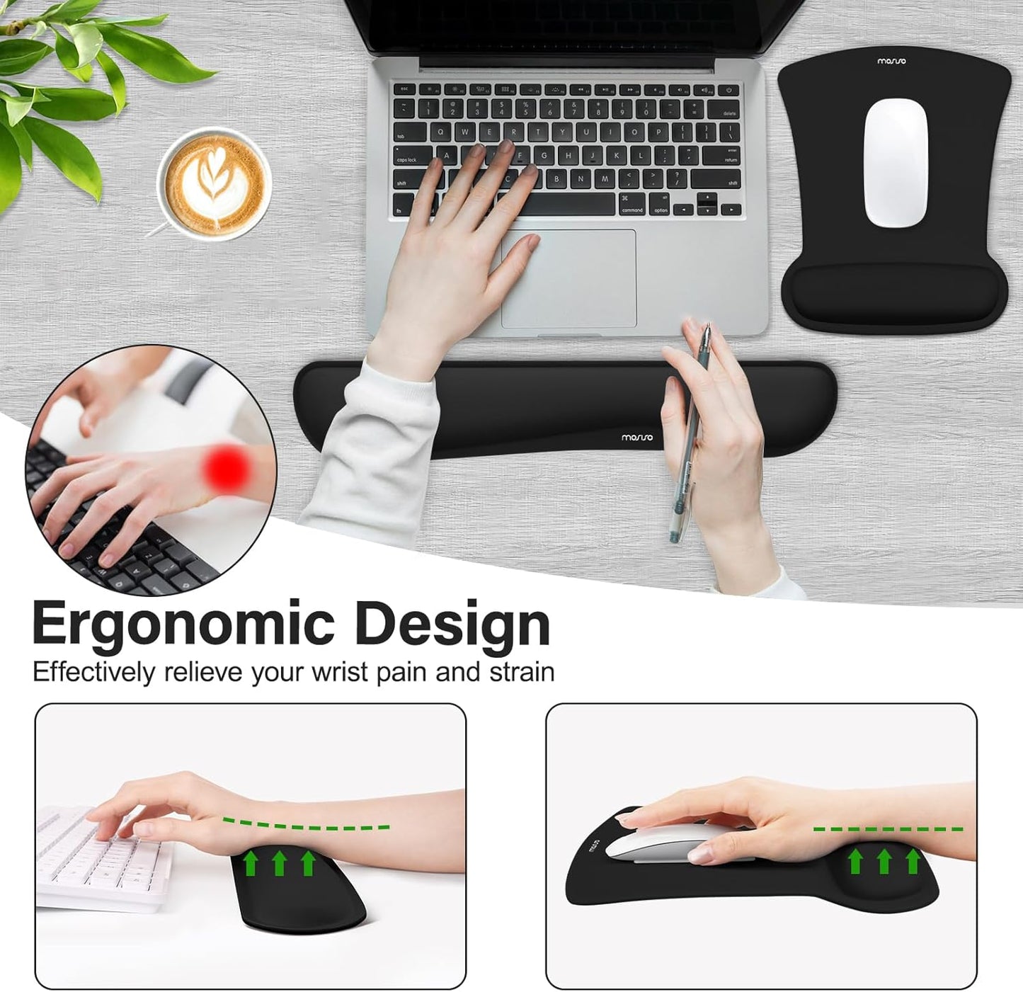 MOSISO Wrist Rest Support for Mouse Pad & Keyboard Set, Ergonomic Mousepad Non-Slip Base Home/Office Pain Relief & Easy Typing Cushion with Neoprene Cloth & Raised Memory Foam, Black