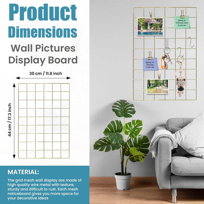 CIKLCIX Metal Grid Wall Panel, Wire Grid Photo Display Organizer, 17.3"×11.8" Gold Wire Board Grid Wall, Grid Picture Frame, 2-Pack Wire Mesh Memo Board With Clips and Hooks