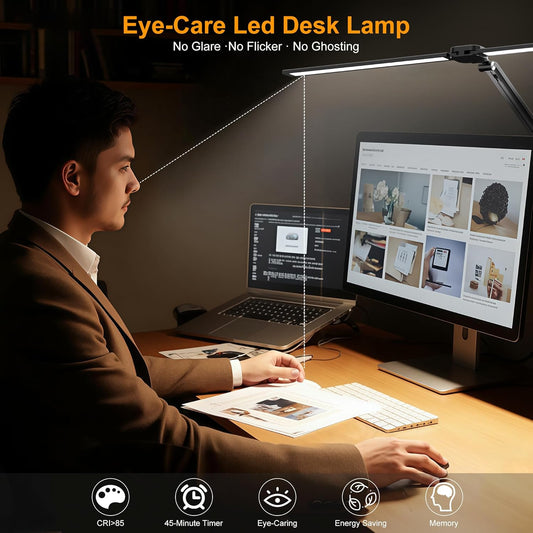 CHARYJOD LED Desk Lamp for Office Home, Architect Desk Lamp with Clamp Dual Screen Computer Monitor, 5 Color X 10 Brightness Levels Desk Lamp for Reading, Study, 1000LM Bright, Memory Function