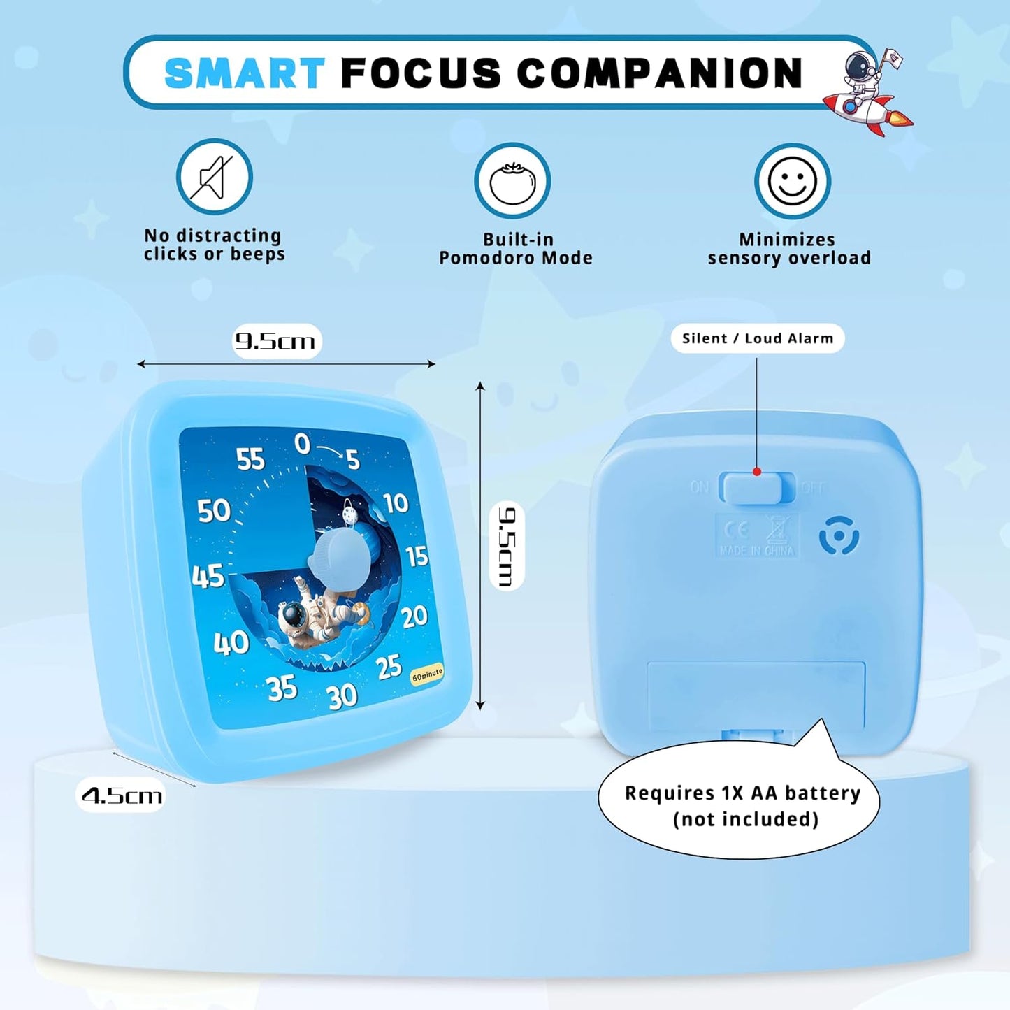 Visual Timer for Kids, 60-Minute Countdown Timer for Classroom Office Kitchen, Pomodoro Timer Spaceman Pattern, Time Management Tools with Silent Operation,Desk Time Clock for Kids and Adults