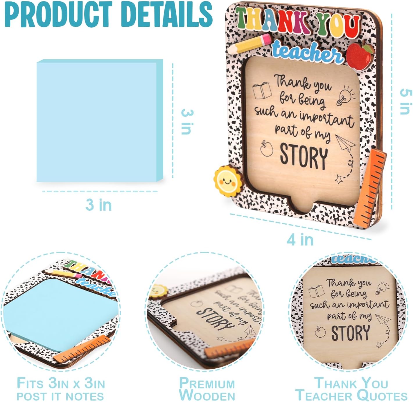 Sticky Note Holder for Desk, Teacher Appreciation Gifts, 3x3 Inch Self-Stick Notes, Wooden Sticky Notes Holder for Teachers, Thank You Teacher Appreciation Gift for Women (Black Leopard)