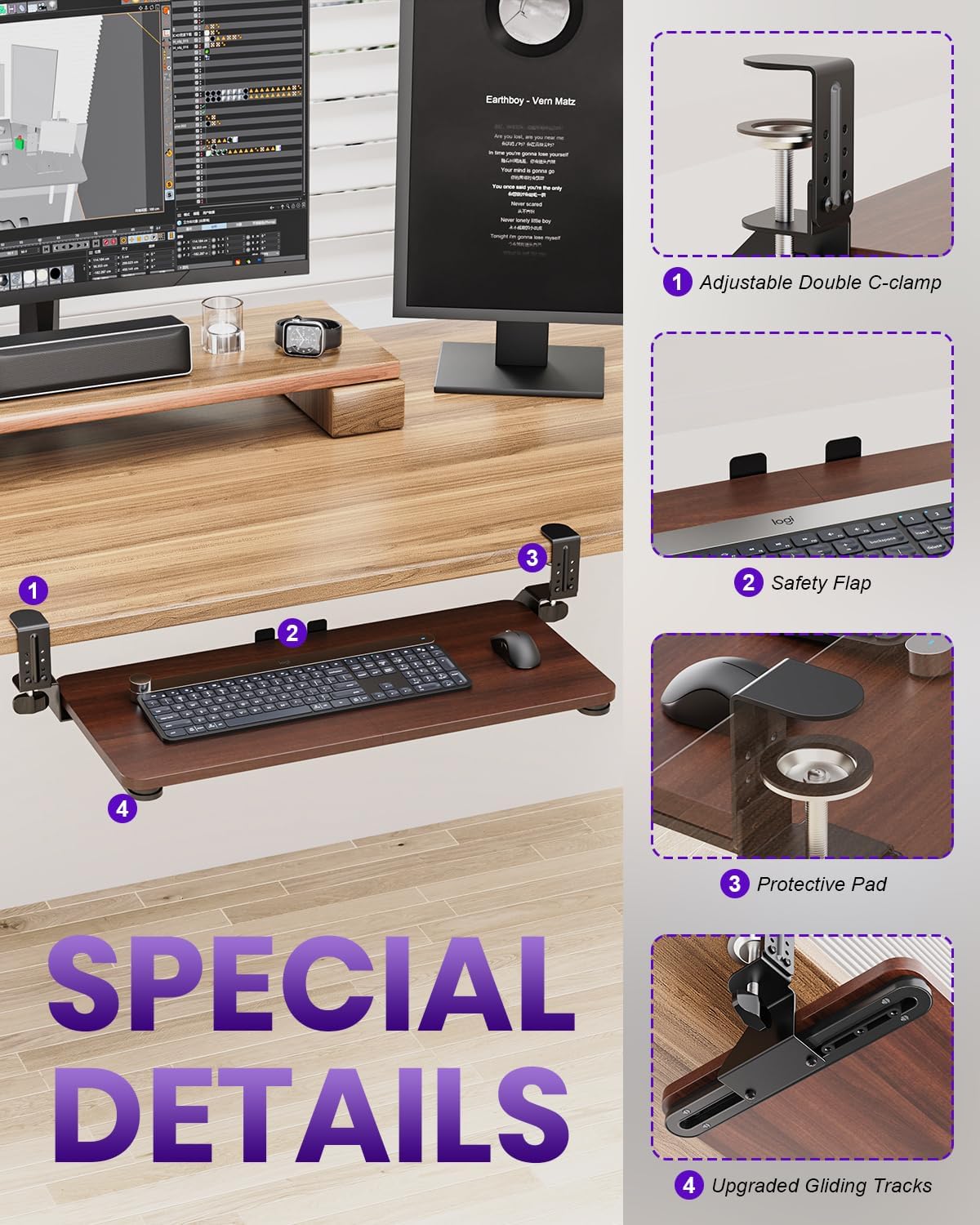 Ergonomic Mouse & Keyboard Tray Under Desk, Pull Out with Adjustable C-clamp, 20 (25.9 Including Clamps) x 11.8 Inch Slide Out Computer Keyboard Drawer Mouse Tray for Typing, Rustic Brown
