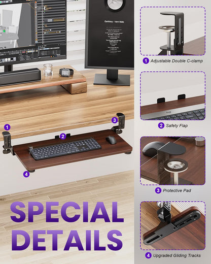 Ergonomic Mouse & Keyboard Tray Under Desk, Pull Out with Adjustable C-clamp, 20 (25.9 Including Clamps) x 11.8 Inch Slide Out Computer Keyboard Drawer Mouse Tray for Typing, Rustic Brown