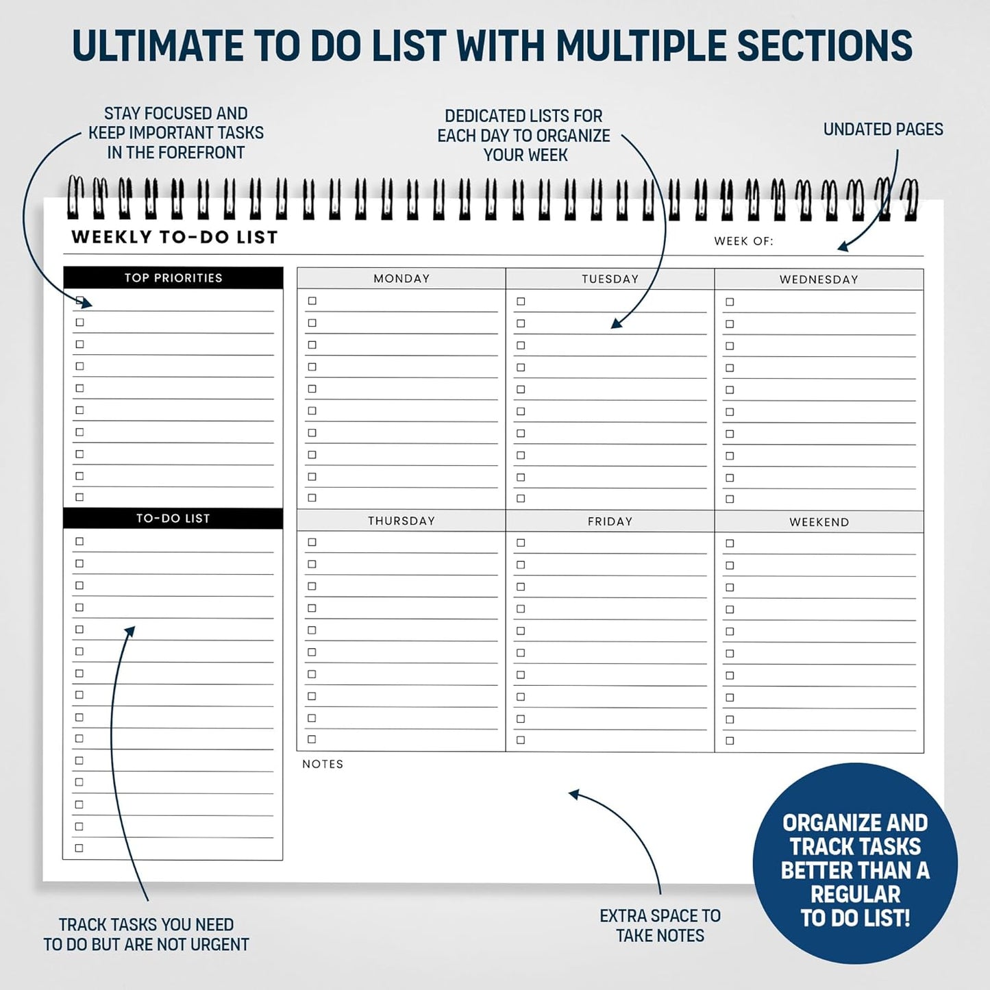 To Do List Notepad: With Multiple Functional Sections - Large Size 8.5x11" 52 Sheets - Tear Off Daily Planner Notebook - Task CheckList Organizer Agenda Pad for Work - Note, Plans, Goals, Grocery, and