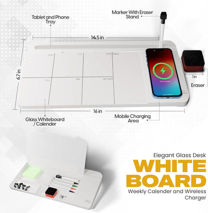NEXTLUXE Glass Desk Whiteboard with Wireless Charger - Desktop Whiteboard with Storage, Weekly Planner, Dry Erase Pad, Organizer Drawer for Home, School, Office Gadgets – Black (Black)