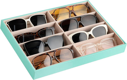 Frebeauty Sunglass Organizer,PU Leather Glasses Organizer,8-Slot Sunglasses Tray,Men's/Women's Sunglasses Box,Sunglass Case,13.3 x 9.6 x 1.5 Inches,Eyeglass/Eyewear Display Tray(Grey)