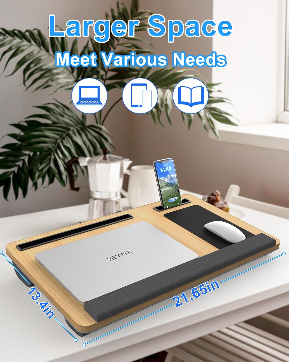 HETTHI Laptop Lap Desk, Portable Large Laptop Desk for Bed, Up to 17 Inch Lap Pad Tray with Wrist Rest, Mouse Pad, Tablet Phone Slot, Portable Handle, Cushion (Black)