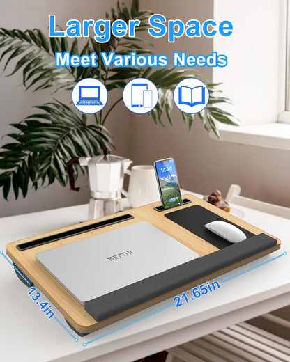 HETTHI Laptop Lap Desk, Portable Large Laptop Desk for Bed, Up to 17 Inch Lap Pad Tray with Wrist Rest, Mouse Pad, Tablet Phone Slot, Portable Handle, Cushion (Black)