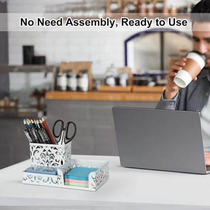 EasyPAG Desk Organizer with 3 Compartment for Pencil Sticky Note Holder and Office Accessories,White