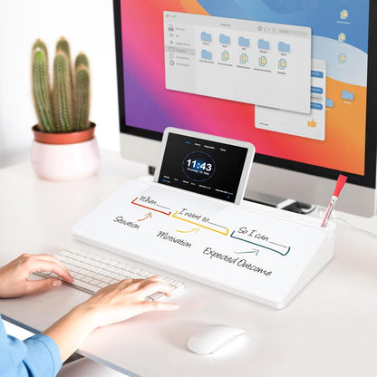 DOLLAR BOSS Glass Desk Whiteboard Calendar Small Dry Erase Board Desktop White Board with Storage Drawer Computer Keyboard Stand Desk Organizer, Colorful Weekly Calendar, Black