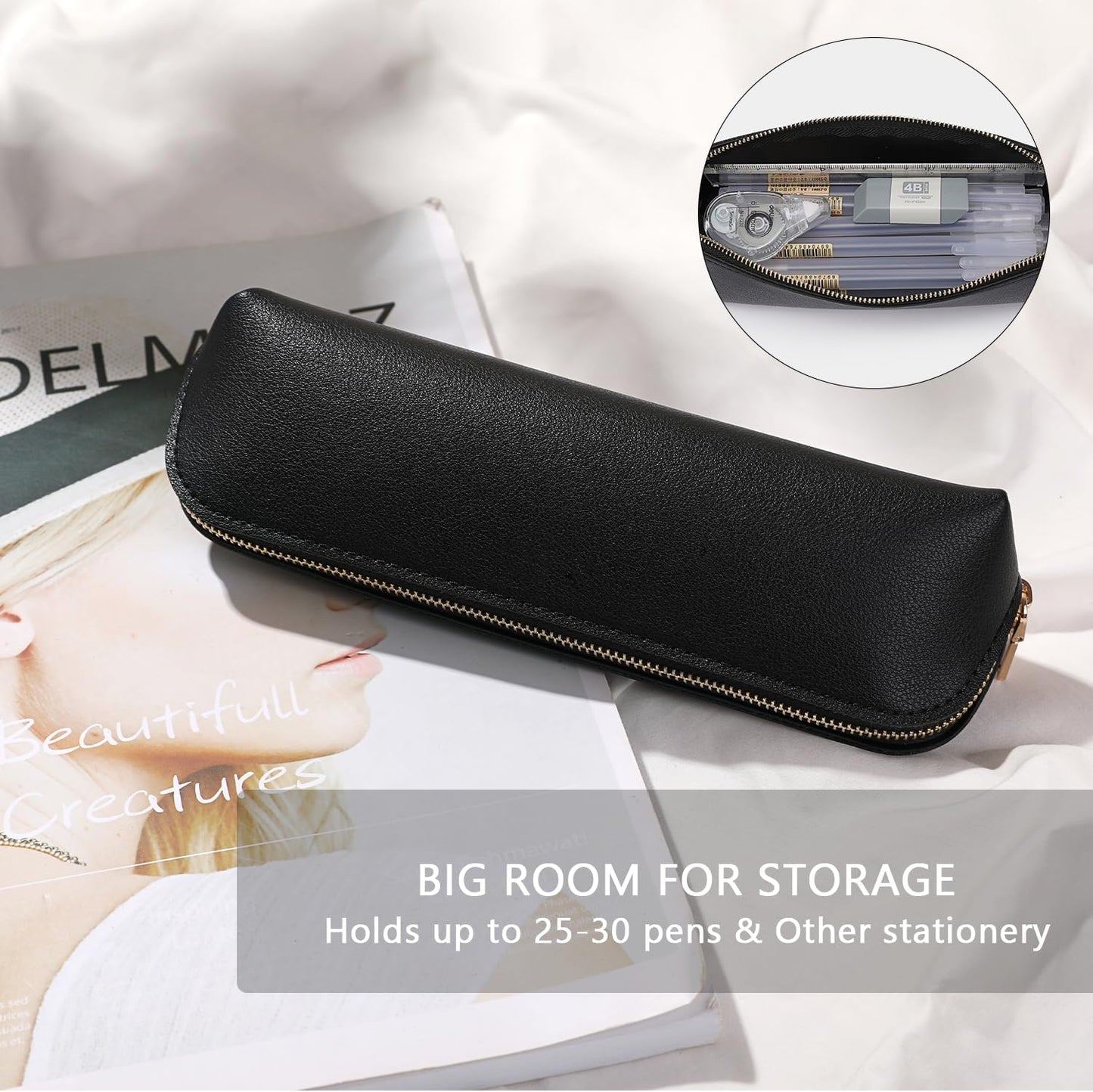 Canvas Pencil Case Cotton Canvas and Simple Multifunctional Pencil Bag Zipper Portable Storage (Black)