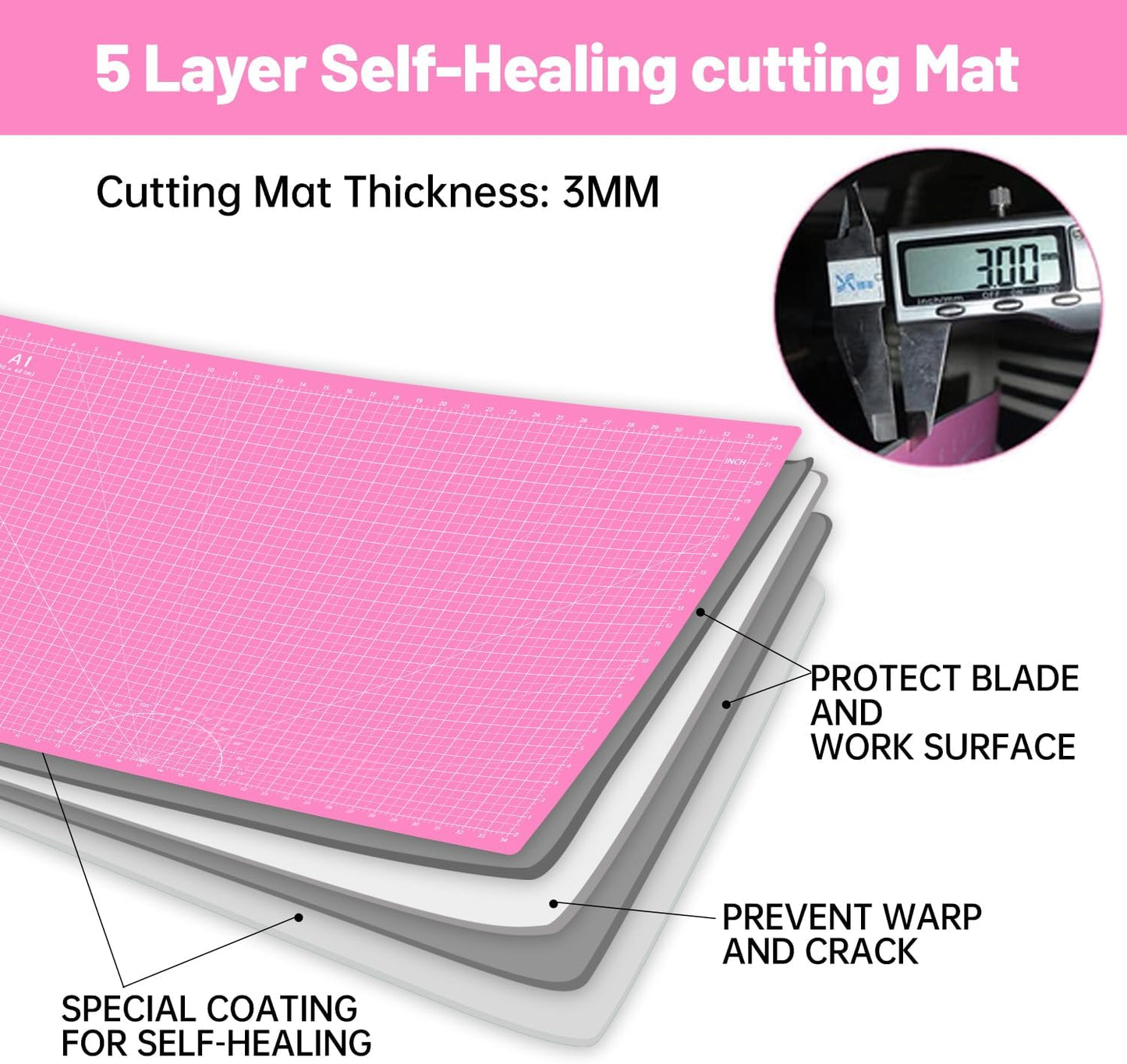 HEADLEY TOOLS 18" x 24" Thickened Self Healing Cutting Mat, A2 Rotary Cutting Sewing Mat for Crafts, Double Sided 5-Ply Table Cutting Board for Fabric Quilting Leather Arts Hobby Project, Grey/Black