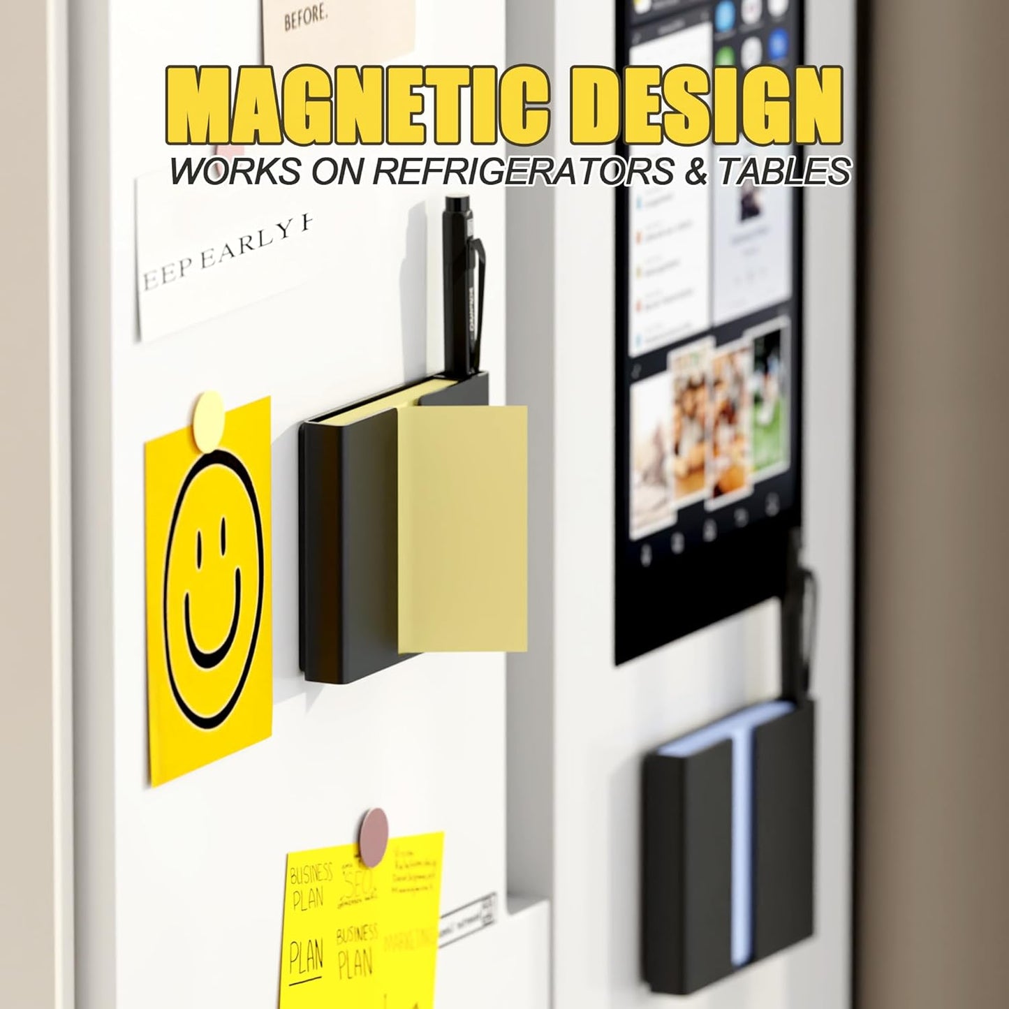 Sticky Note Dispenser, Magnetic Sticky Note Holder for Post It Notes, 3 x 3 Inch Sticky Note Pen Organizer for Office Home Classroom, Black