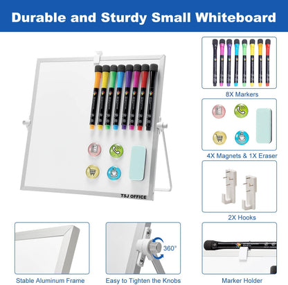 TSJ OFFICE Small White Board - 12 X 16 Inches Small Magnetic Dry Erase Board with Hooks for Wall, Desktop Whiteboard Stand 360 Degrees Revolving Double Sided for Office, Home, School, Silver