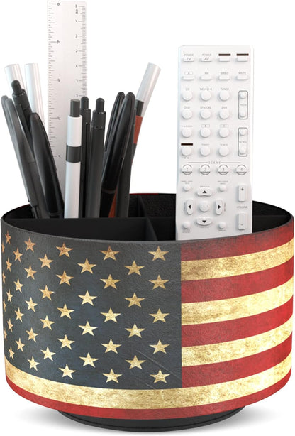 Round Leather Art Supply Organizer,Remote Control Holder,360 Degree Rotating,Multi-Functional Pencil Holder,4 Compartments Desktop Stationary Organizer(1-Fractal Flower) | Round - Colors A