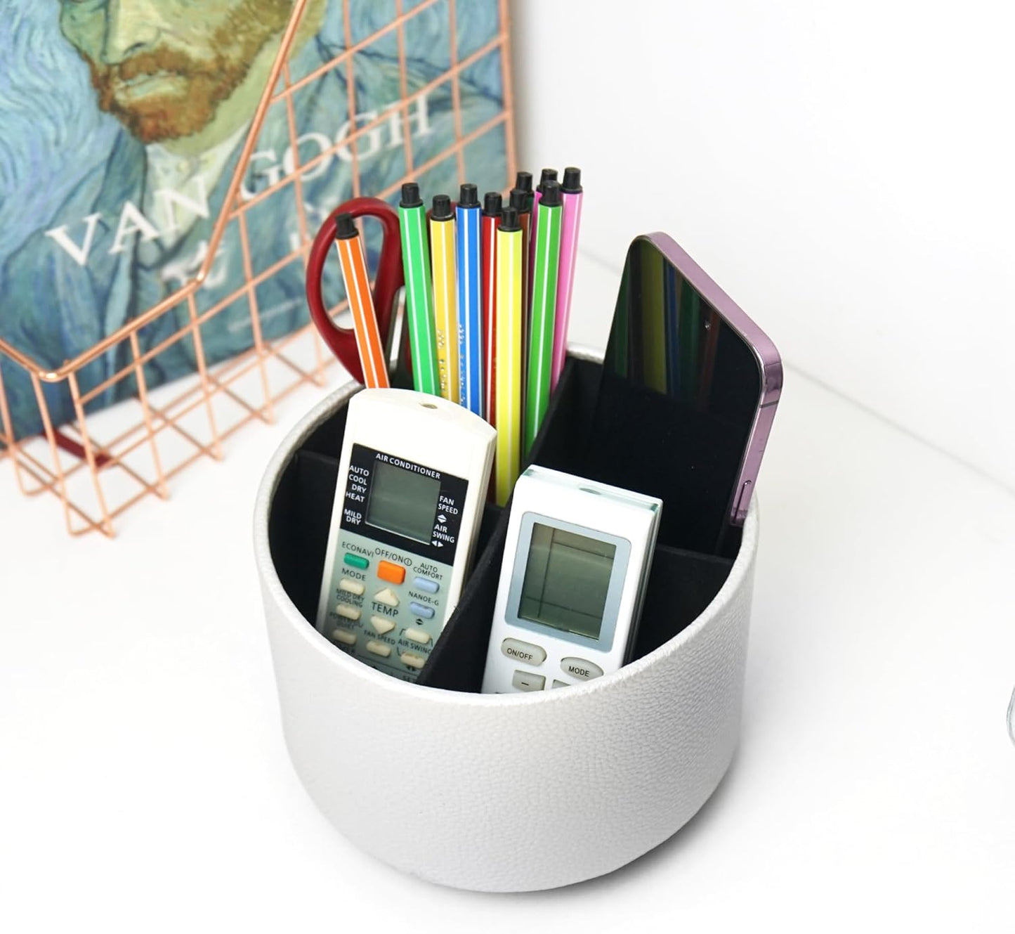 Round Leather Art Supply Organizer,Remote Control Holder,360 Degree Rotating,Multi-Functional Pencil Holder,4 Compartments Desktop Stationary Organizer(1-Fractal Flower) | Round - Colors A