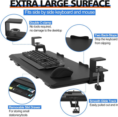 Large Height Adjustable Keyboard Tray with Sturdy C-Clamp Mount and Storage Drawer, 27"(31"Including Clamps) x 12" Slide Out Ergonomic Keyboard Trays for Home and Office, Black