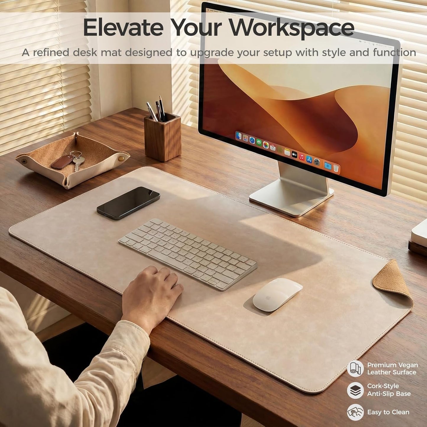 Premium Faux Leather Desk Mat & Tray Set，Innovative Cork-Look Printed Base，Gift Tube Packaging，Full-Desk Coverage，Non-Slip Desk Pad for Office Home（Olive Green）