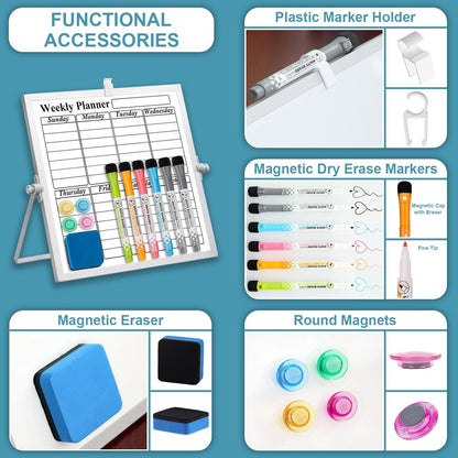 Magnetic Dry Erase White Board with Stand, 10" x 10" Double-Sided Desktop Whiteboard, Mini Portable Weekly Calendar Planner Board Set with 6 Markers, 4 Magnets, 1 Marker Holder & 1 Eraser