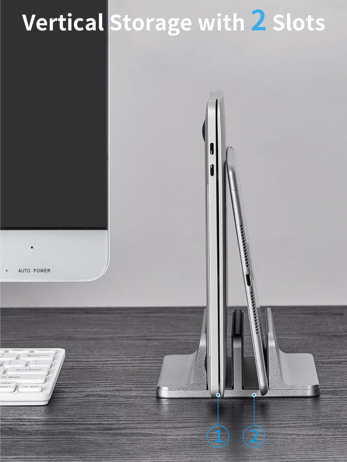 JARLINK Vertical Laptop Stand Holder, Aluminum Double Desktop Stand Holder with Adjustable Dock (Up to 17.3 inch), Compatible with MacBook, Surface, Chromebook, and Gaming Laptops, Silver