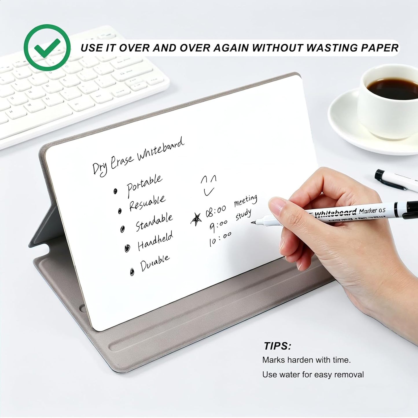 Portable Small Dry Erase Board | Handheld Whiteboard Reusable White Board Dry Erase Notebook | Standable Desktop Notepad | Home Office Study Essentials-PU Cover Writing Board 9.5" x 6.6"