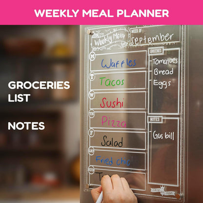 CHALKY CROWN Magnetic Dry Erase Menu Board for Fridge Includes 4 Liquid Chalk Markers - Weekly Meal Planner Blackboard, Grocery List & Notepad for Kitchen Refrigerator - Chalkboard Magnet 15.6" x11.6