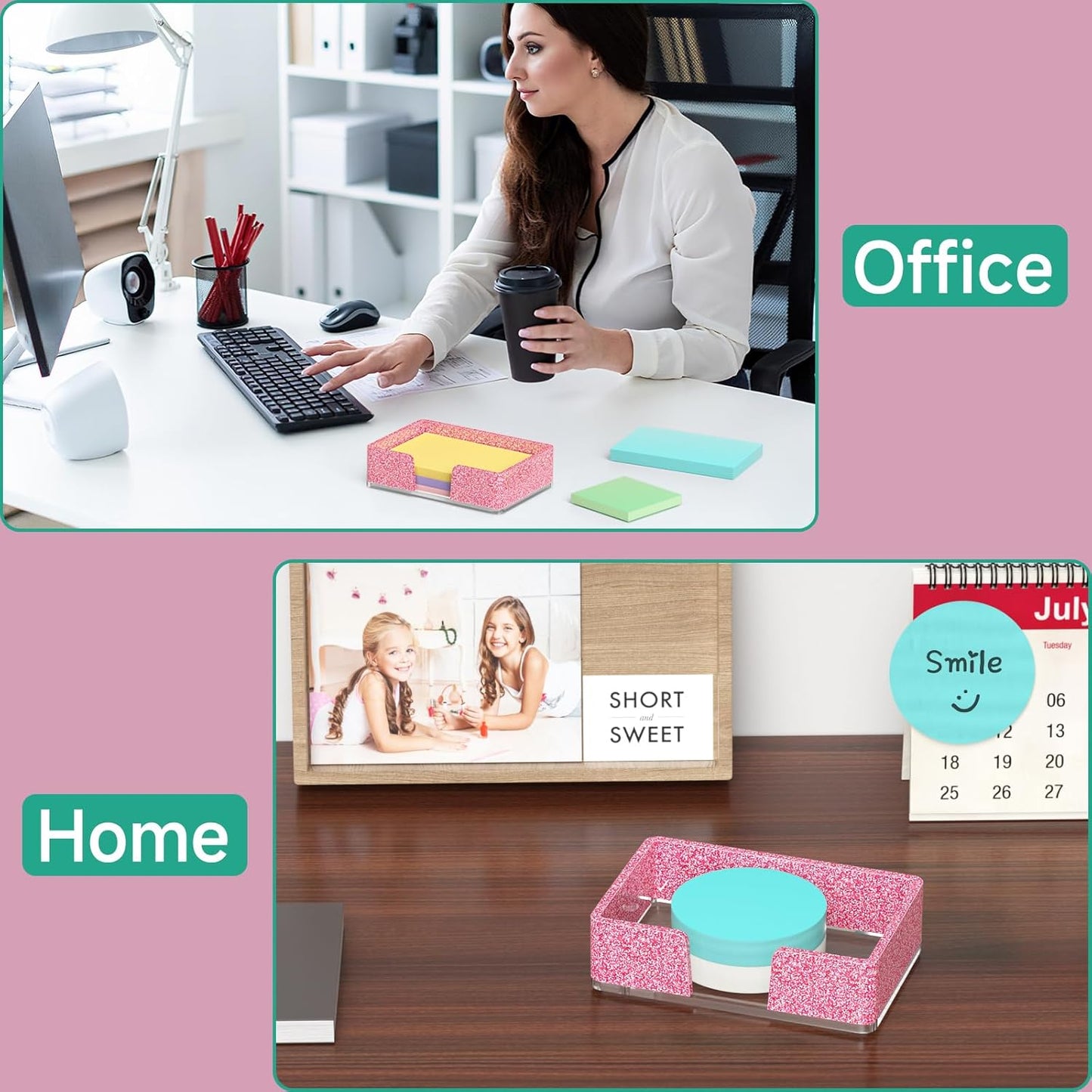 Sticky Note Holder, Glitter Pink Acrylic Notepad Holder 3x3 in Self-Stick Note Dispenser Office Desk Accessories, Memo Pad Holder Organizer for Classroom School Supplies