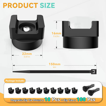 110 Pcs Magnetic Zip Tie Mount Base 26lbs Strong Magnetic Zip Tie Holder Multipurpose Magnet Cable Tie Clips Holder Wire Management Clips for Home Office Marine Electrical Wiring Organization Black