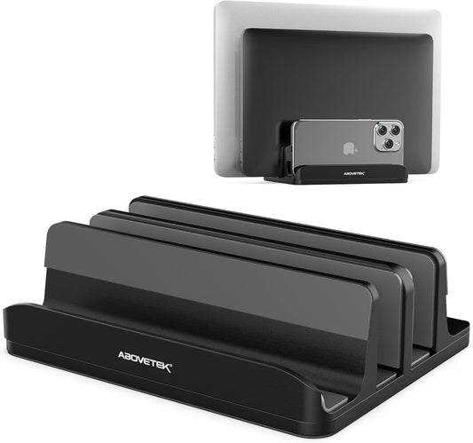 AboveTEK Vertical Laptop Stand, 3 Slots Aluminum Desk Laptop Holder & Laptop Docking Station Stand for MacBook, Tablet, Phone - Universal Fit (Up to 17.3") - Heavy Duty Polished, Anti Slide - Silver