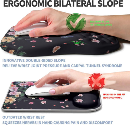 Ergonomic Raised Mouse Pad Wrist Support with Bilateral Slope Memory Foam Mousepad for Wrist Rest and Carpal Tunnel Pain Relief 11.8x7.9〃 Black