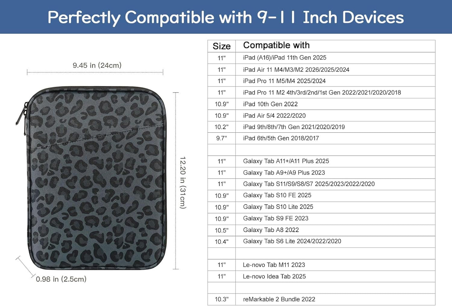 Dadanism 9-11" Tablet Sleeve Bag Carrying Case for iPad (A16) 11th Gen 11", iPad 10th Gen 10.9" Air 5/4, iPad Air M4/Pro 11", iPad 9/8/7th, Galaxy Tab A11+ Plus 11", Remarkable 2 10.3", Black