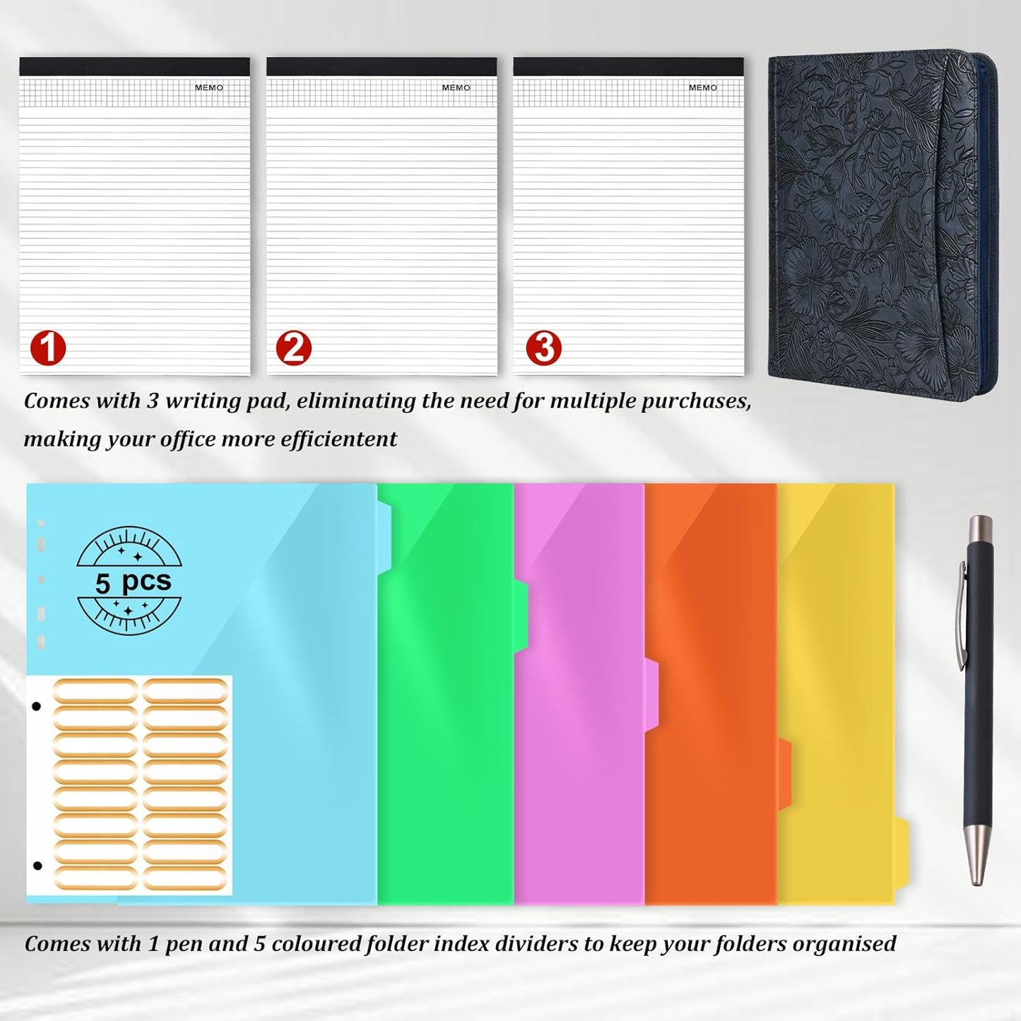 Leathario Portfolio Binder, Includes 10 Sheet Protectors and 3 Notepads, 3-Ring Folder Organizer, A4 Padfolio with Zipper, Vegan Leather Tablet Sleeve, Business Office Conference Clipboards
