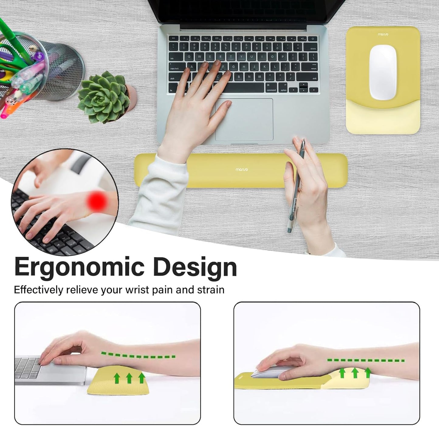 MOSISO Wrist Rest Support for Mouse Pad&Keyboard Set, Rectangular Ergonomic Mousepad Non-Slip Base Home/Office Pain Relief&Easy Typing Pad with Neoprene Cloth&Raised Silicone Lining, Green