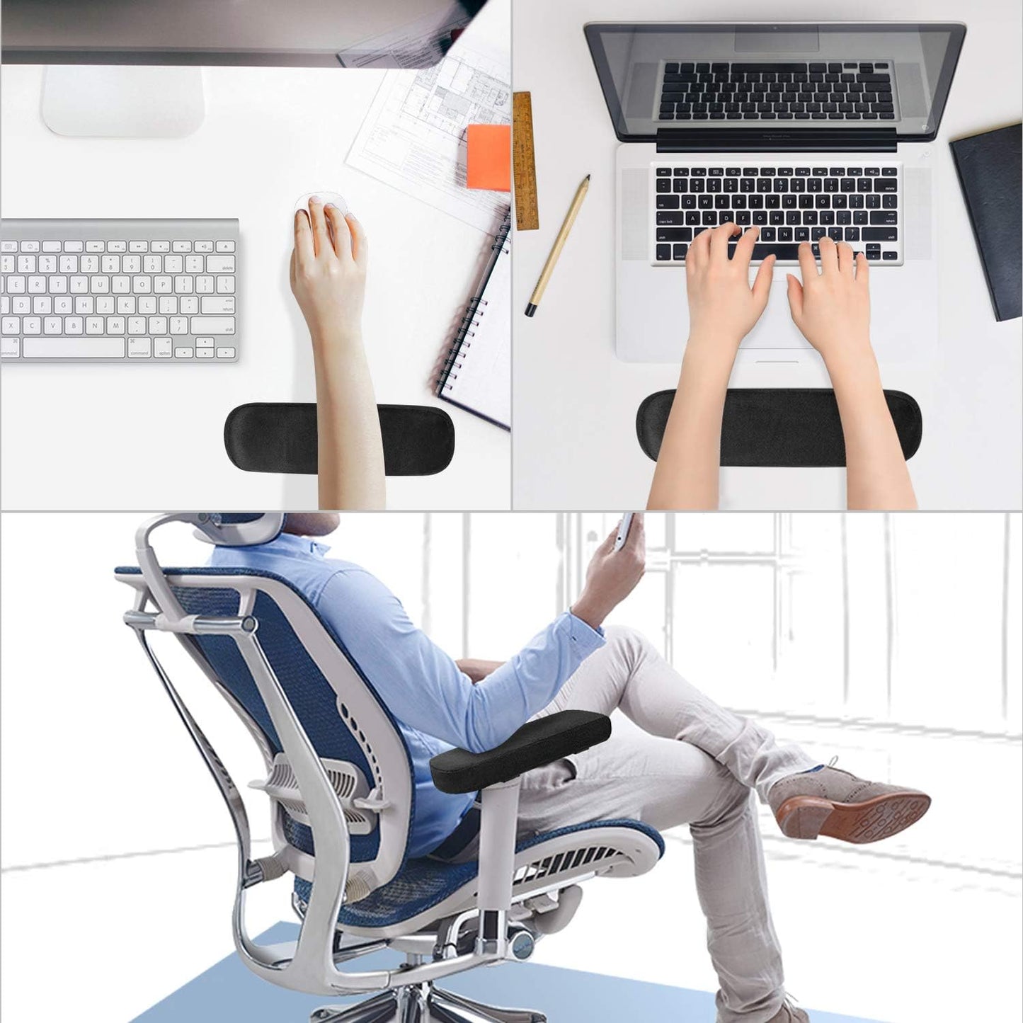 MOSISO Chair Armrest Pads (2 Pack), Memory Foam Home/Office Chair Arm Rest Covers Comfy Computer Gaming Elbow Cushion Removable Washable Elbow Support Forearm Pressure Relief, Black