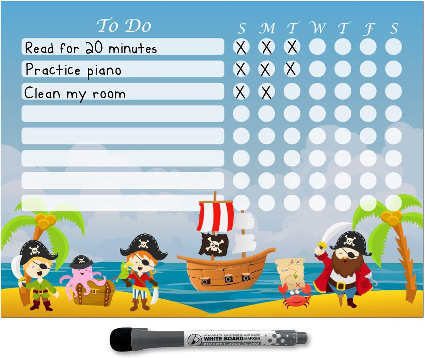 Dry Erase Whiteboard Task & Habit Tracker | Removable and Restickable Adhesive Decal | Fine-Tip Magnetic Marker Included | 9” x 12”