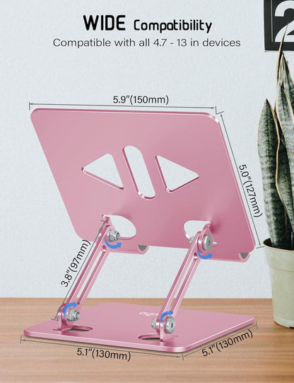 Aoviho Tablet Stand Holder for Desk, Adjustable Aluminum Desk Accessories, Stable Desktop Stand for Office Home,Compatible with iPad Pro Air Mini, Samsung Tablets, Rose Gold