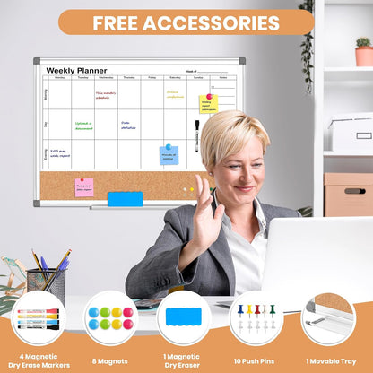 Weekly Dry Erase Calendar Whiteboard for Wall, 24" x 18" Double-Sided Weekly Planner White Board Cork Combo, Hanging & Wall Mount Week Bulletin Board with Notes for Home, Office, School, Kitchen