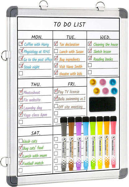 LUCYCAZ Weekly Dry Erase Board, 16" x 12" Magnetic Dry Erase Board for Wall, Hanging Double-Sided to Do List Whiteboard, Small Weekly Planning Board for School, Home, Office