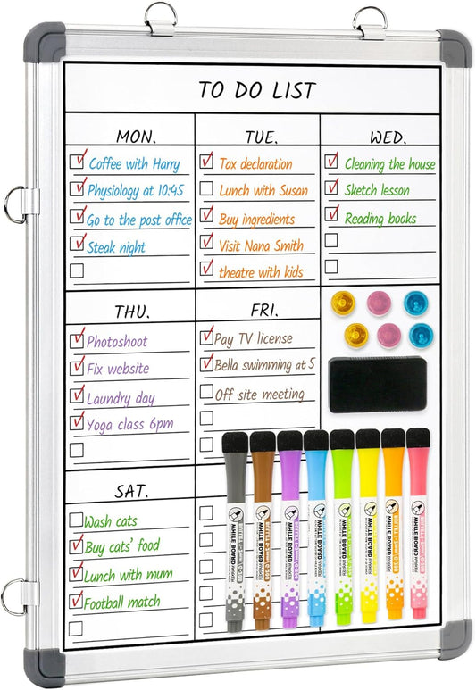LUCYCAZ Weekly Dry Erase Board, 16" x 12" Magnetic Dry Erase Board for Wall, Hanging Double-Sided to Do List Whiteboard, Small Weekly Planning Board for School, Home, Office
