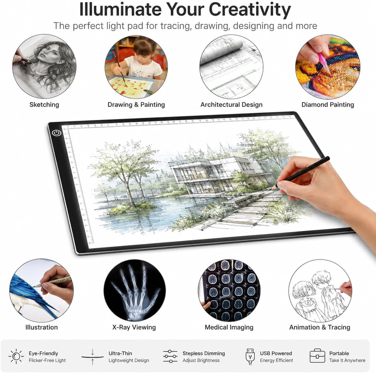 A3 LED Tracing Light Box丨Light Pad - Copy Board with Full-Edge Ruler Frame丨3 Adjustable LED, Premium Acrylic for Art, Drawing, Sketch, Animation, Design, Tattoo, Diamond Painting, X-ray Viewing